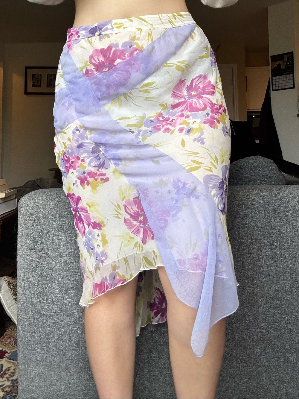 Asymmetrical Floral Midi Skirt in Lilac and Pink